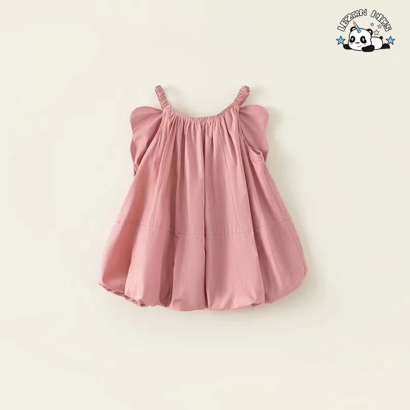 LEZONKIDS - New Product Idear Sweet Big Bow Wing Spaghetti Strap Customized Flower Kids Dresses for Girls